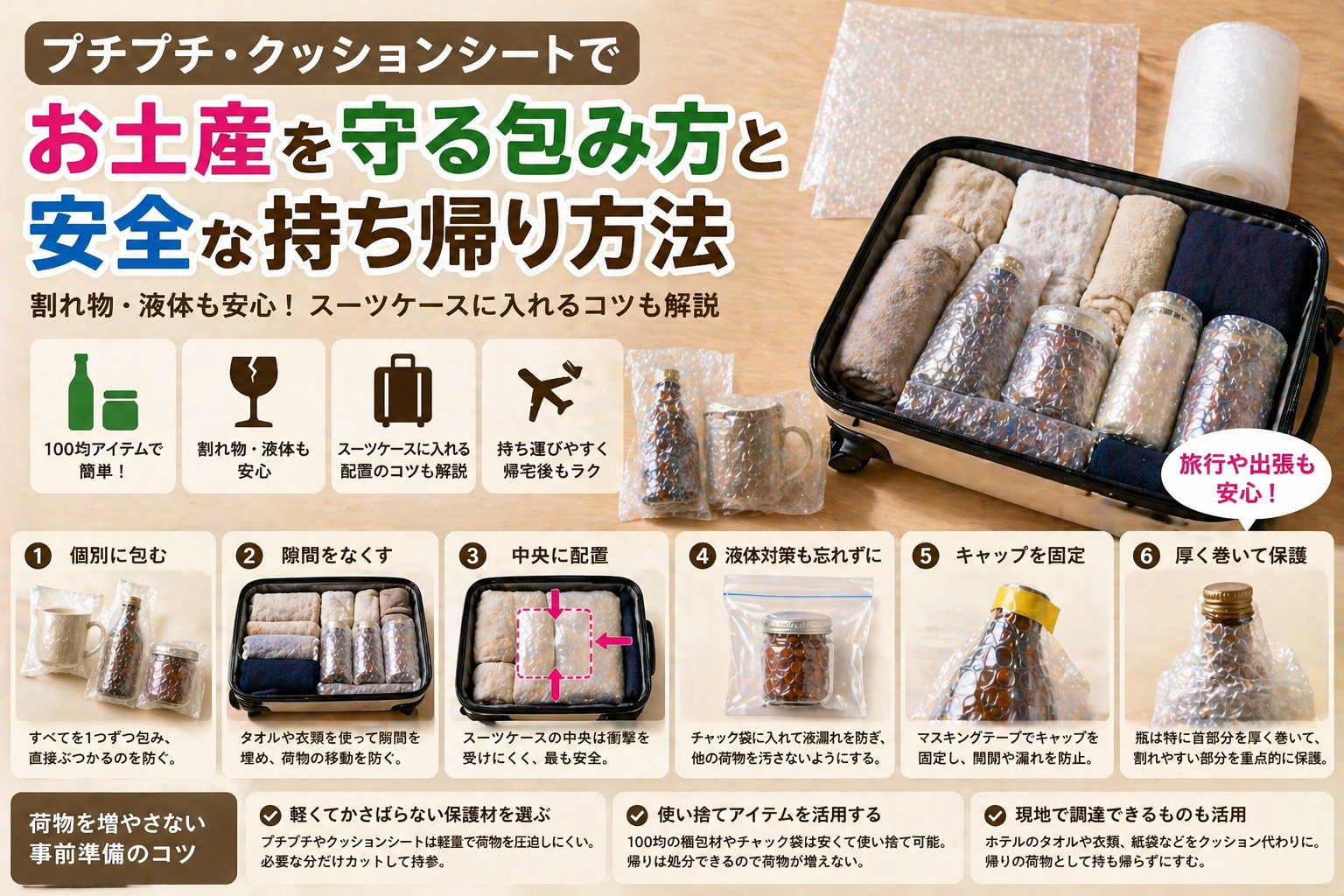 ダイソープチプチ・クッションシートでお土産を守る包み方と安全な持ち帰り方法