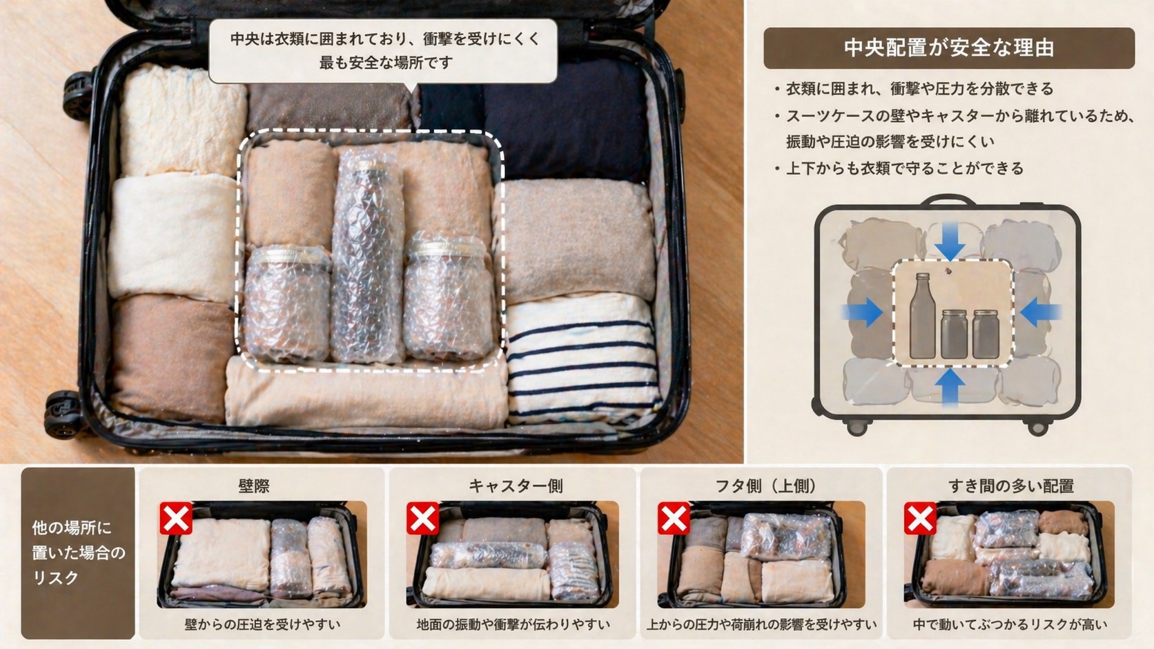 スーツケース中央の配置が安全な理由