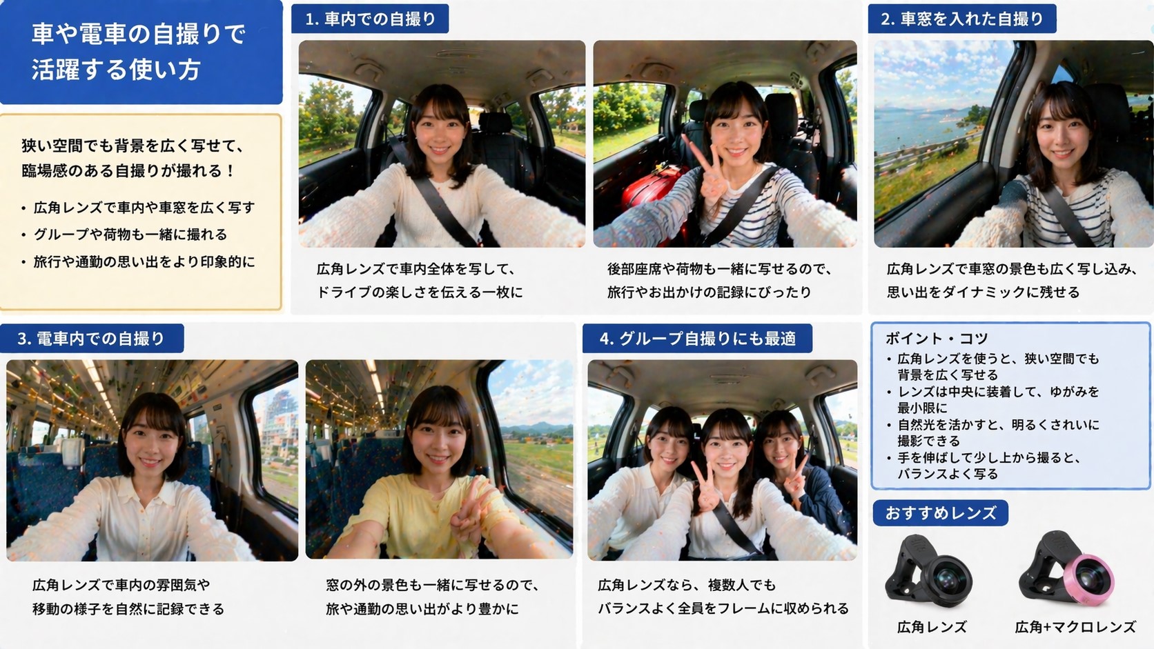 車や電車の自撮りで活躍する使い方