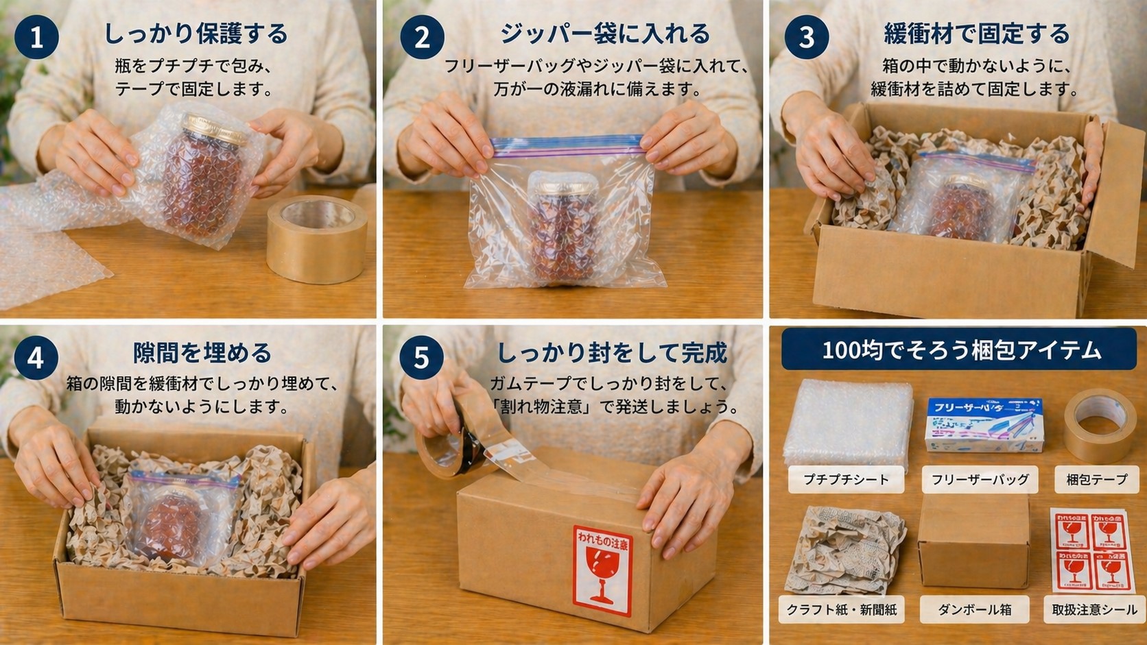 瓶の割れない梱包と100均活用