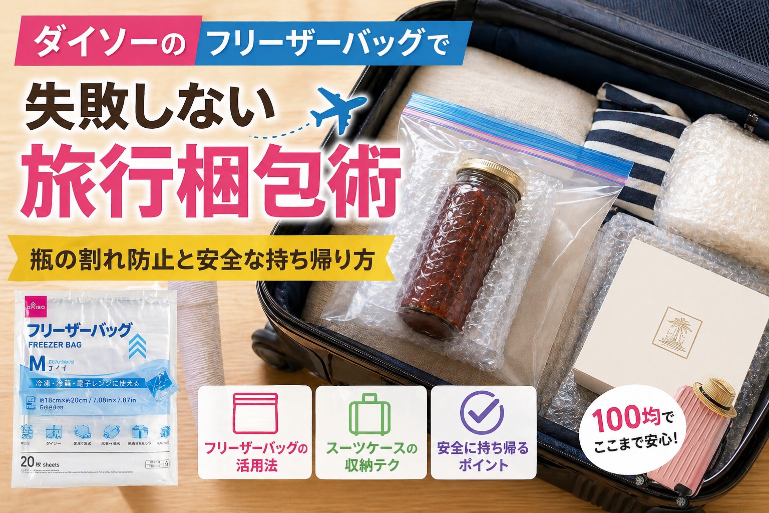 ダイソーのフリーザーバッグで失敗しない旅行梱包術｜瓶の割れ防止と安全な持ち帰り方