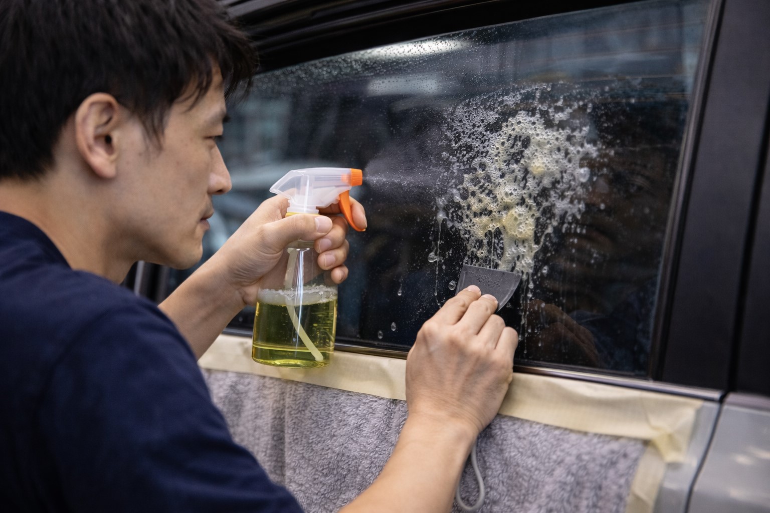 中性洗剤とヘラで削る手順