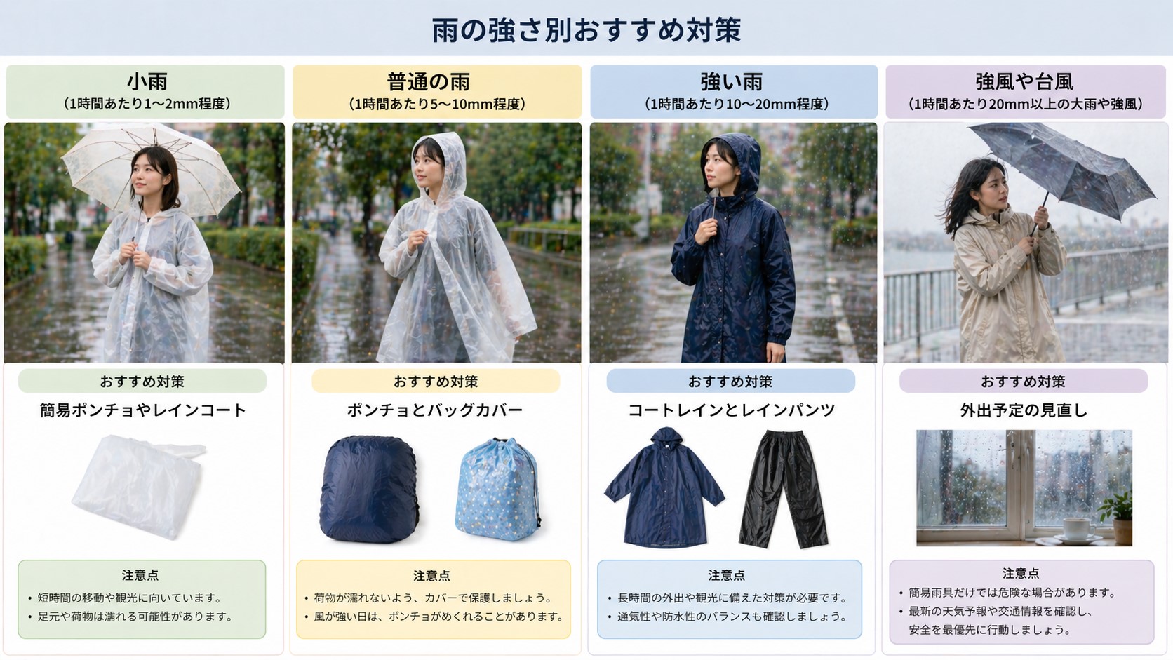 雨の強さ別おすすめ対策