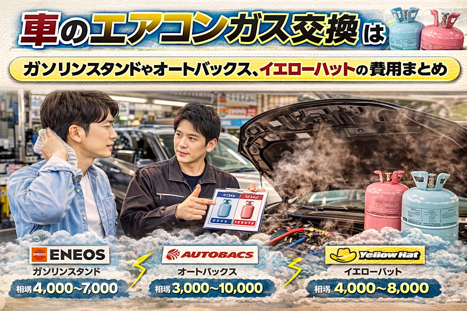 車のエアコンガス補充はどこで？ガソリンスタンドやオートバックス、イエローハットの費用まとめ