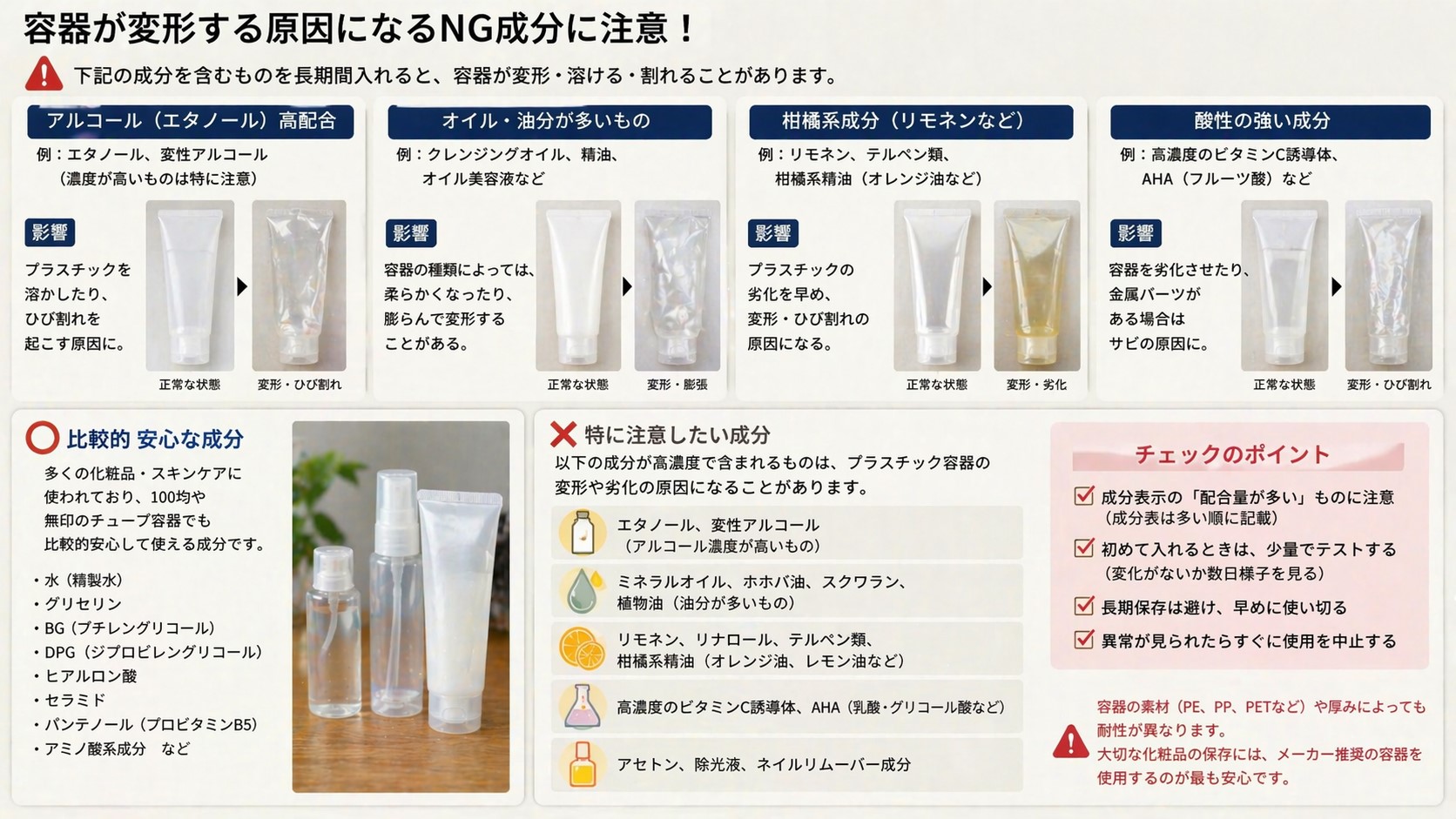 容器が変形する原因になるNG成分に注意