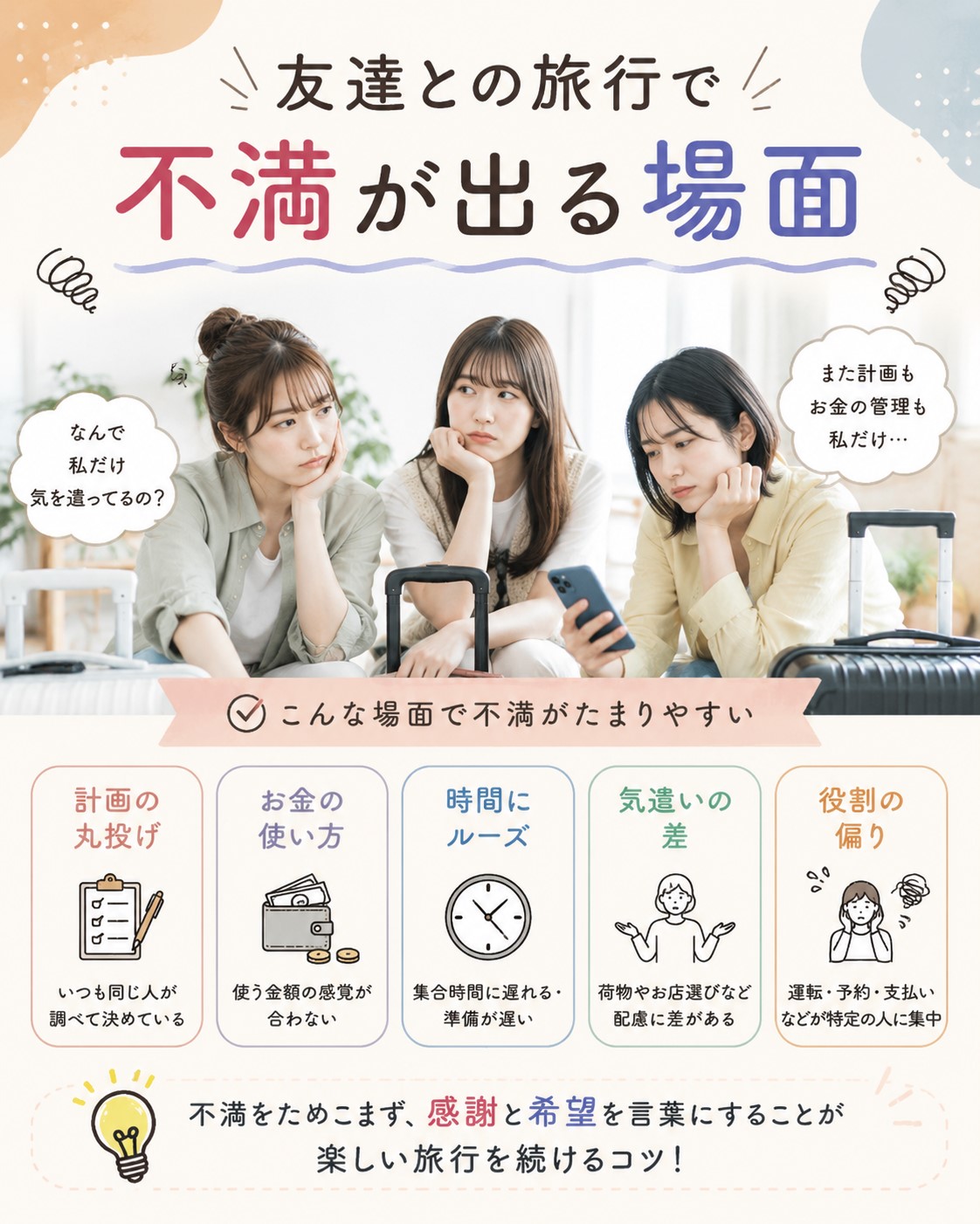 友達との旅行で不満が出る場面