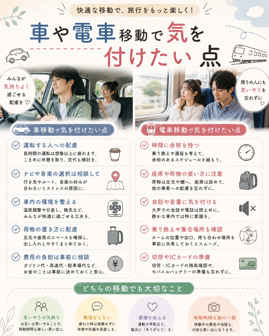 車や電車移動で気を付けたい点