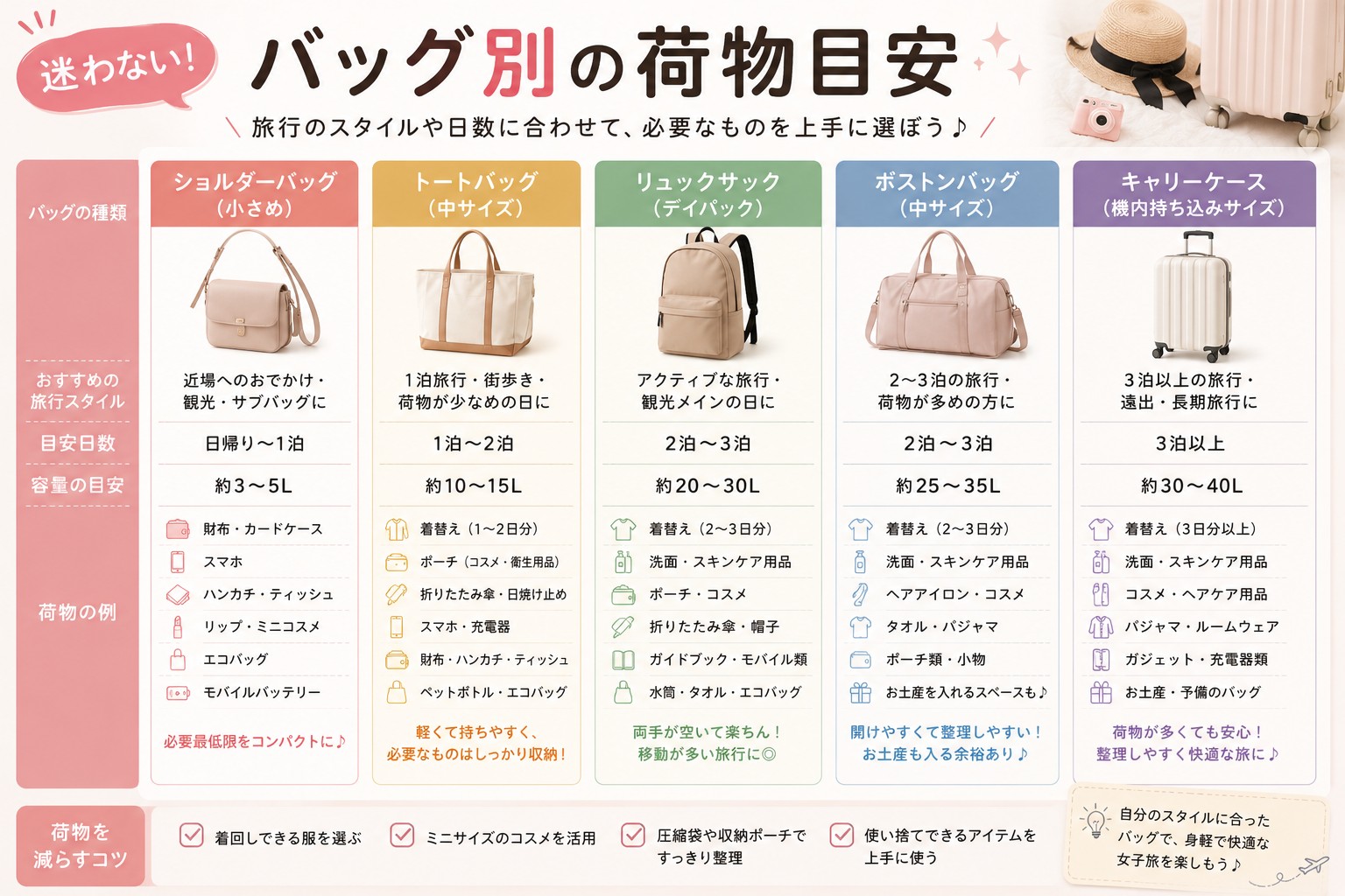 バッグ別の荷物目安
