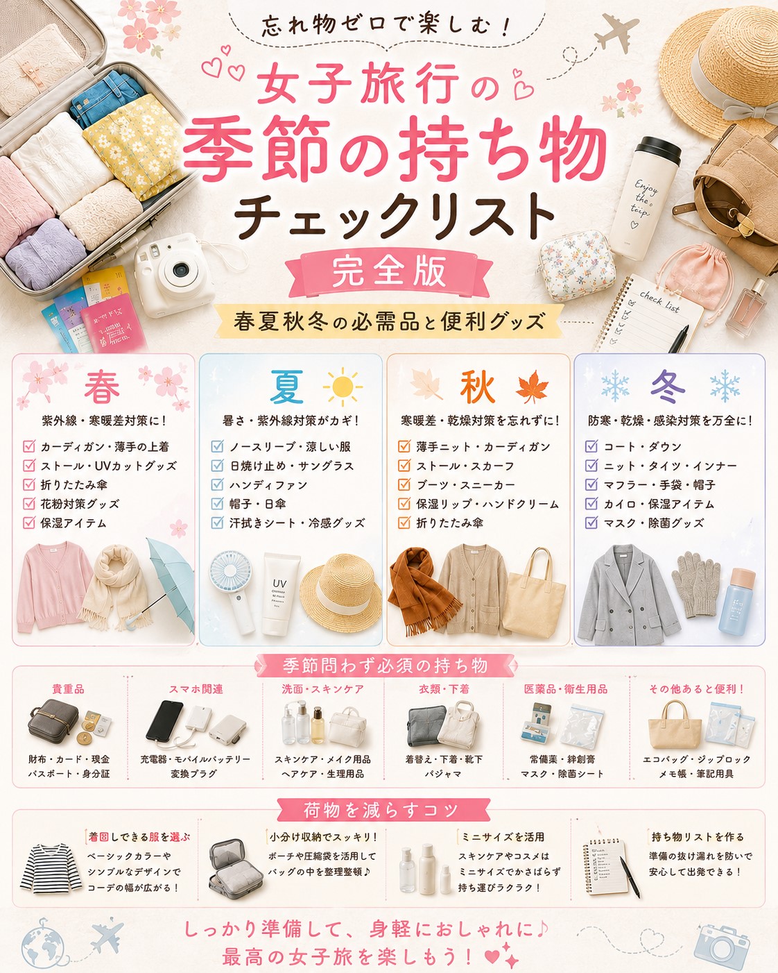 女子旅行の季節の持ち物チェックリスト完全版｜春夏秋冬の必需品と便利グッズ