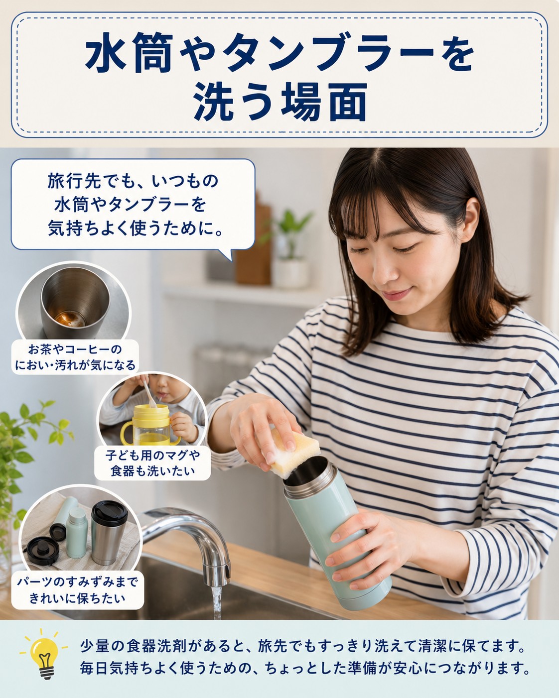 水筒やタンブラーを洗う場面