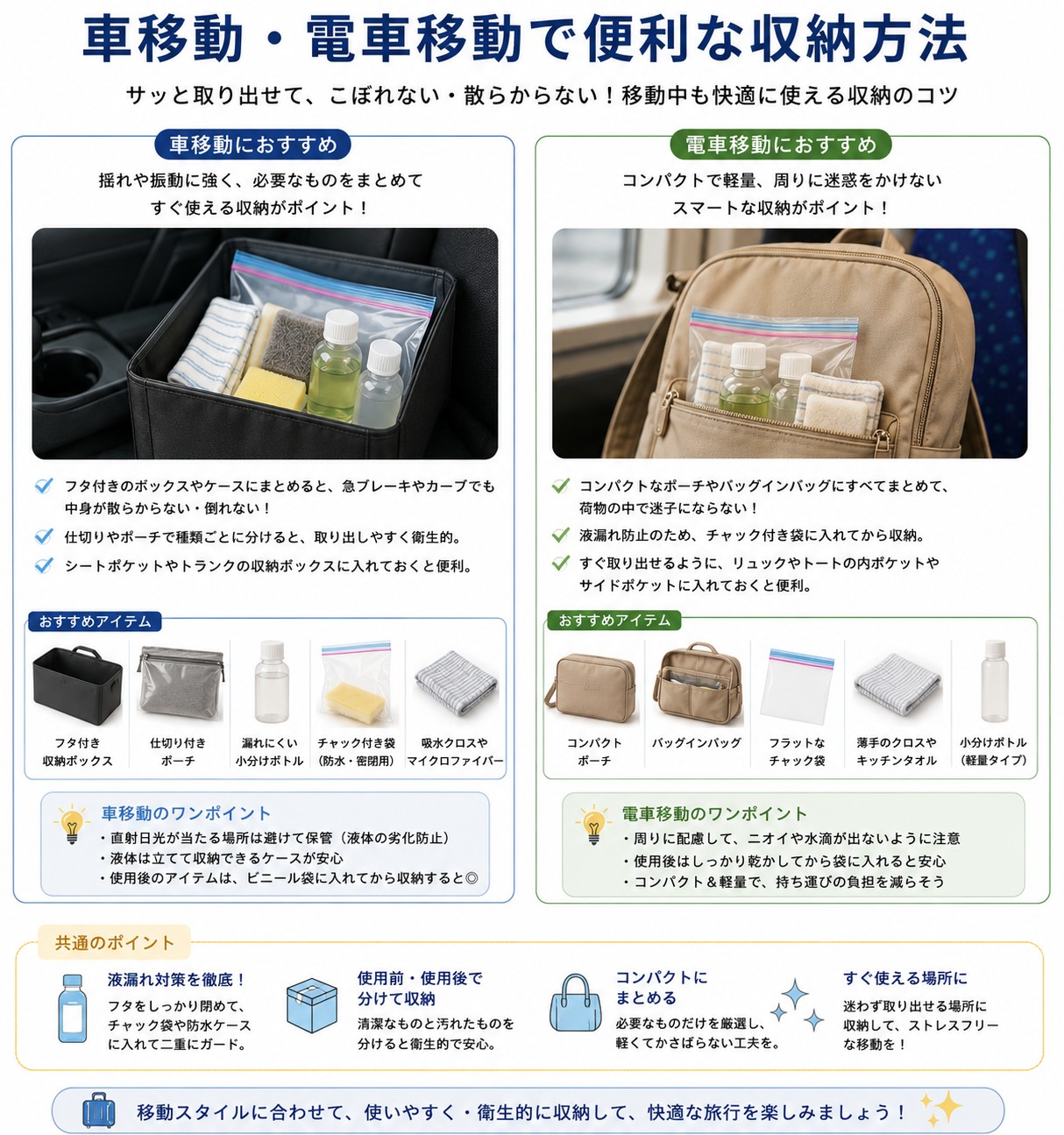 車移動や電車移動で便利な収納方法