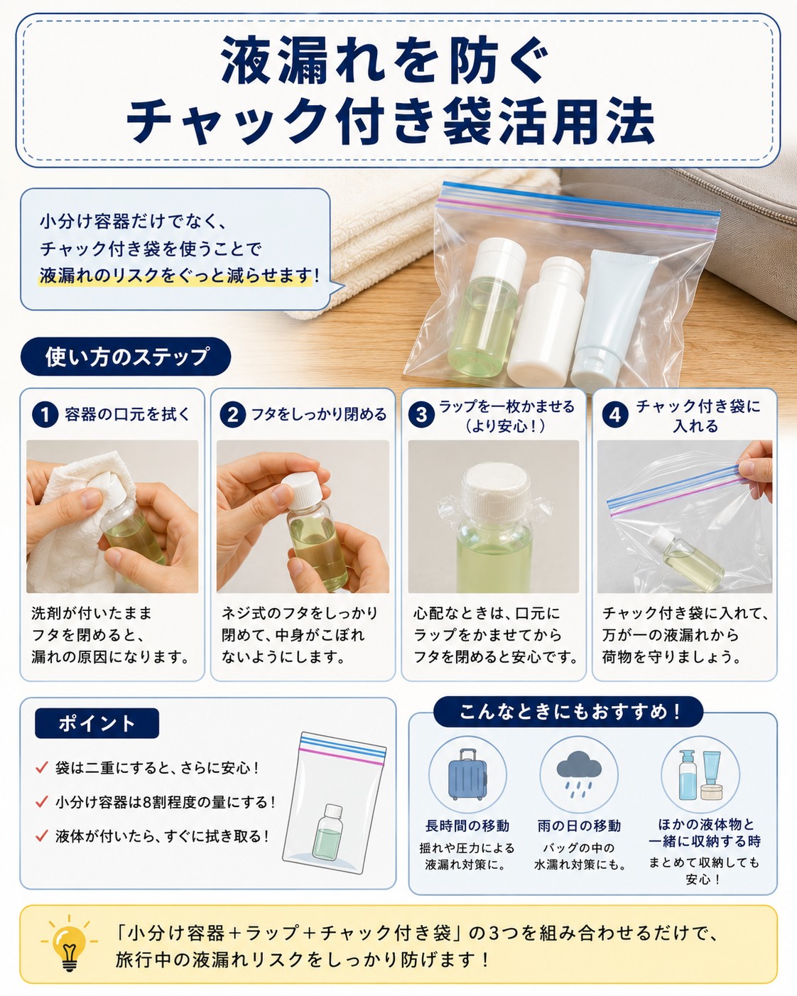 液漏れを防ぐチャック付き袋活用法
