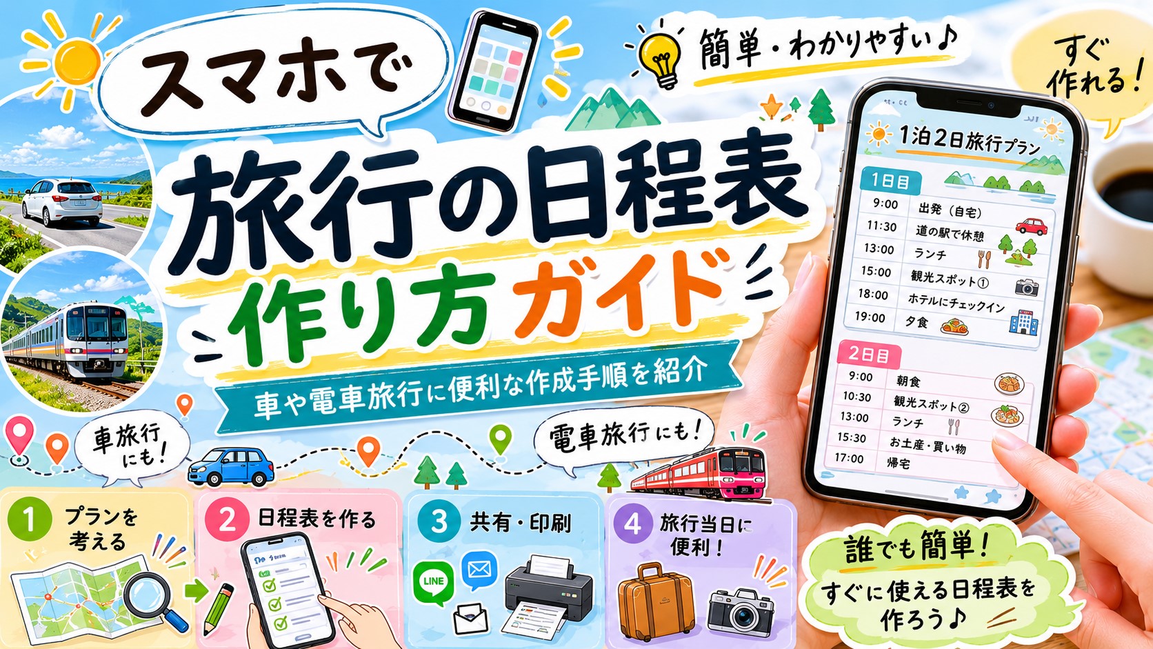 スマホで旅行の日程表作り方ガイド｜車や電車旅行に便利な作成手順を紹介