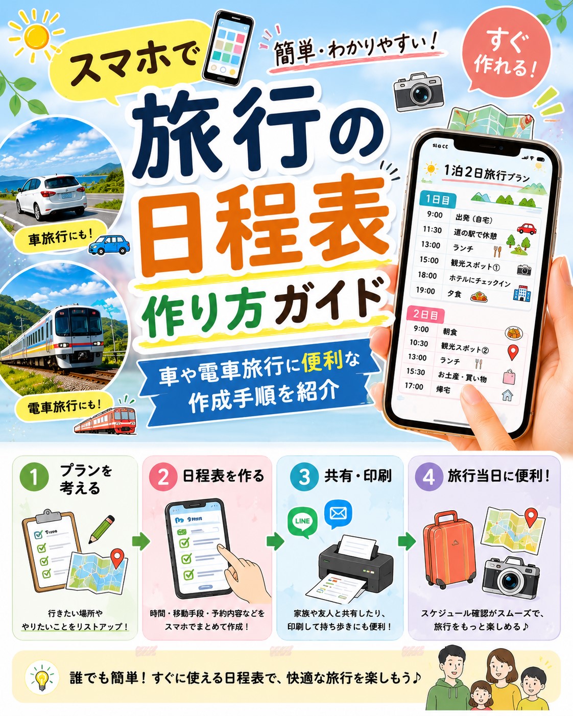 スマホで旅行の日程表作り方ガイド|車や電車旅行に便利な作成手順を紹介