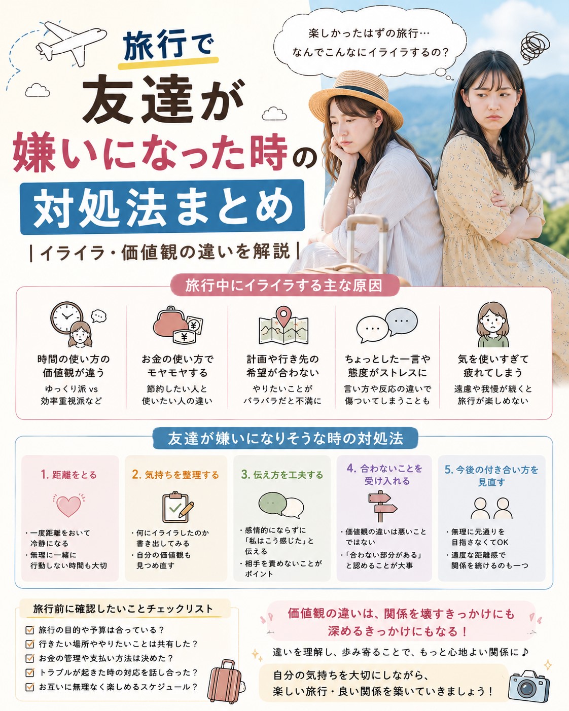 旅行で友達が嫌いになった時の対処法まとめ|イライラ価値観と観の違いを解説