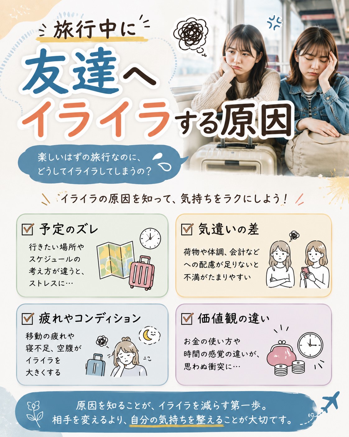 旅行中に友達へイライラする原因