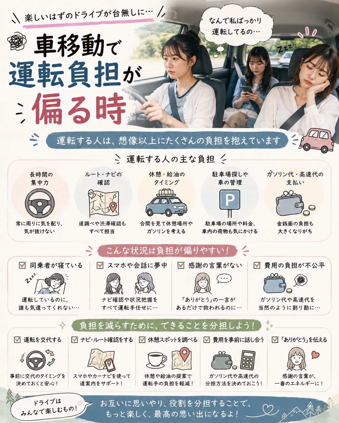 車移動で運転負担が偏る時