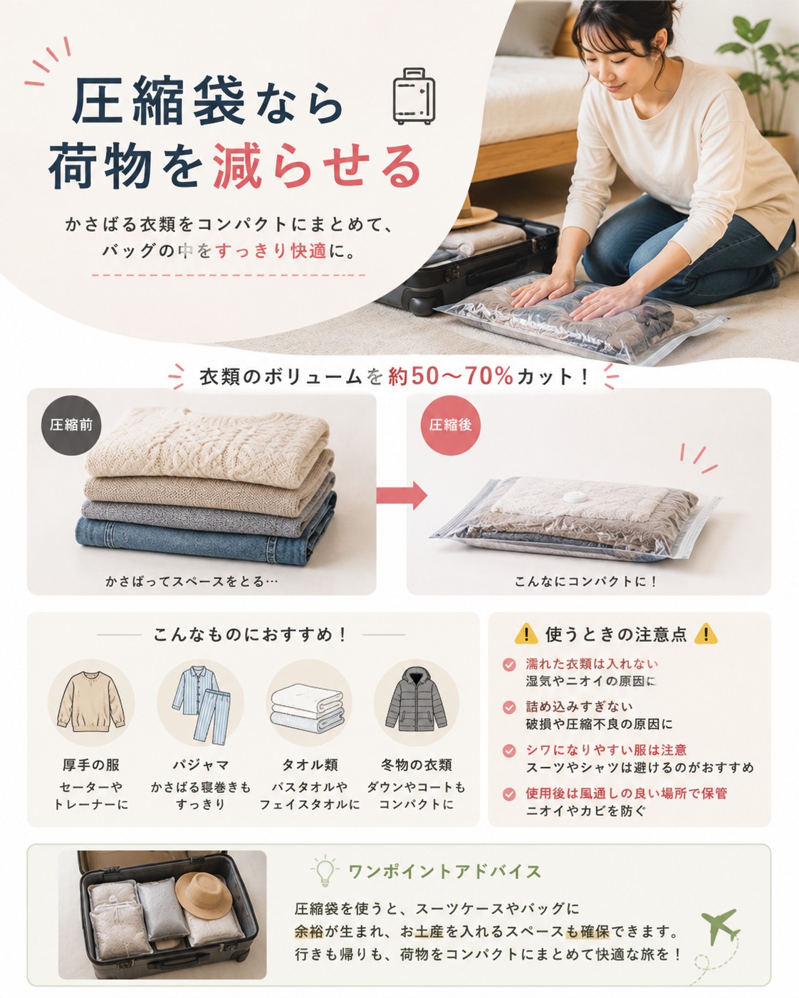 圧縮袋なら荷物を減らせる