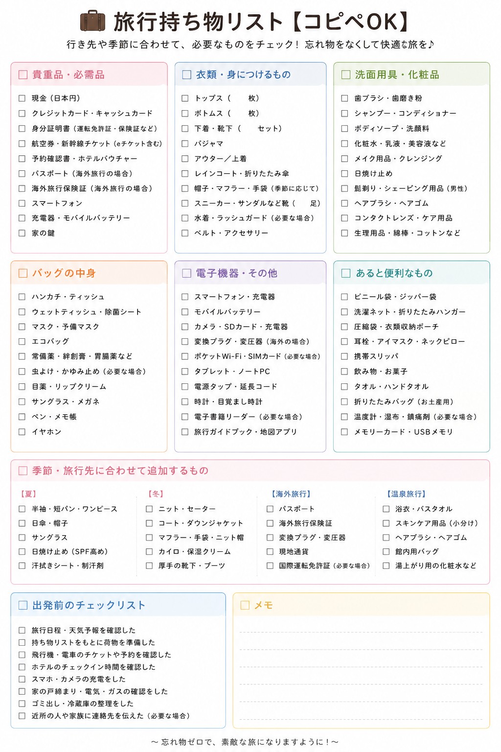 コピペできる旅行持ち物リスト