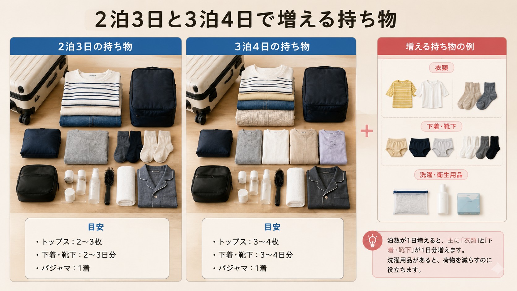 2泊3日と3泊4日で増える持ち物