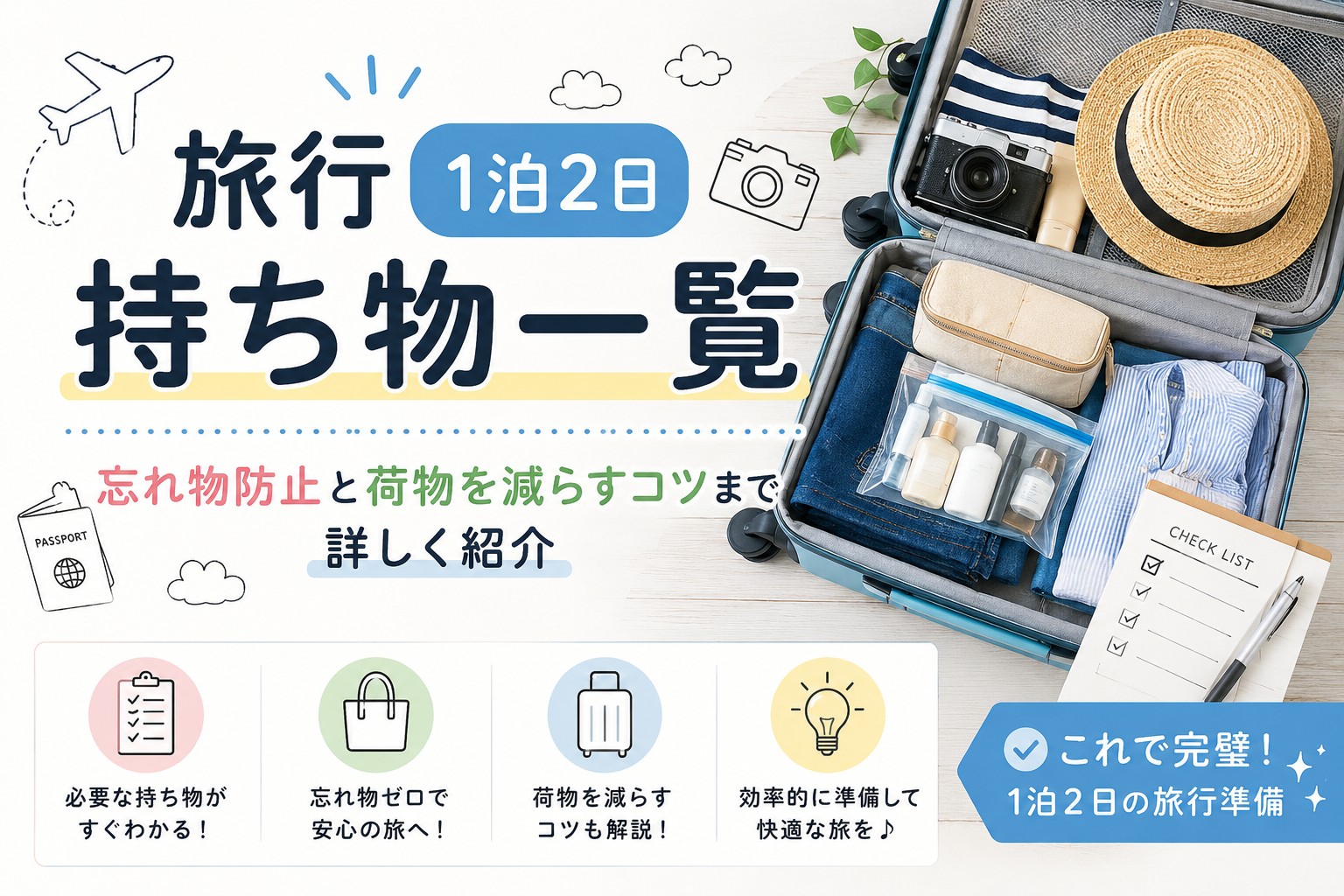 旅行1泊2日の持ち物一覧｜忘れ物防止と荷物を減らすコツまで詳しく紹介