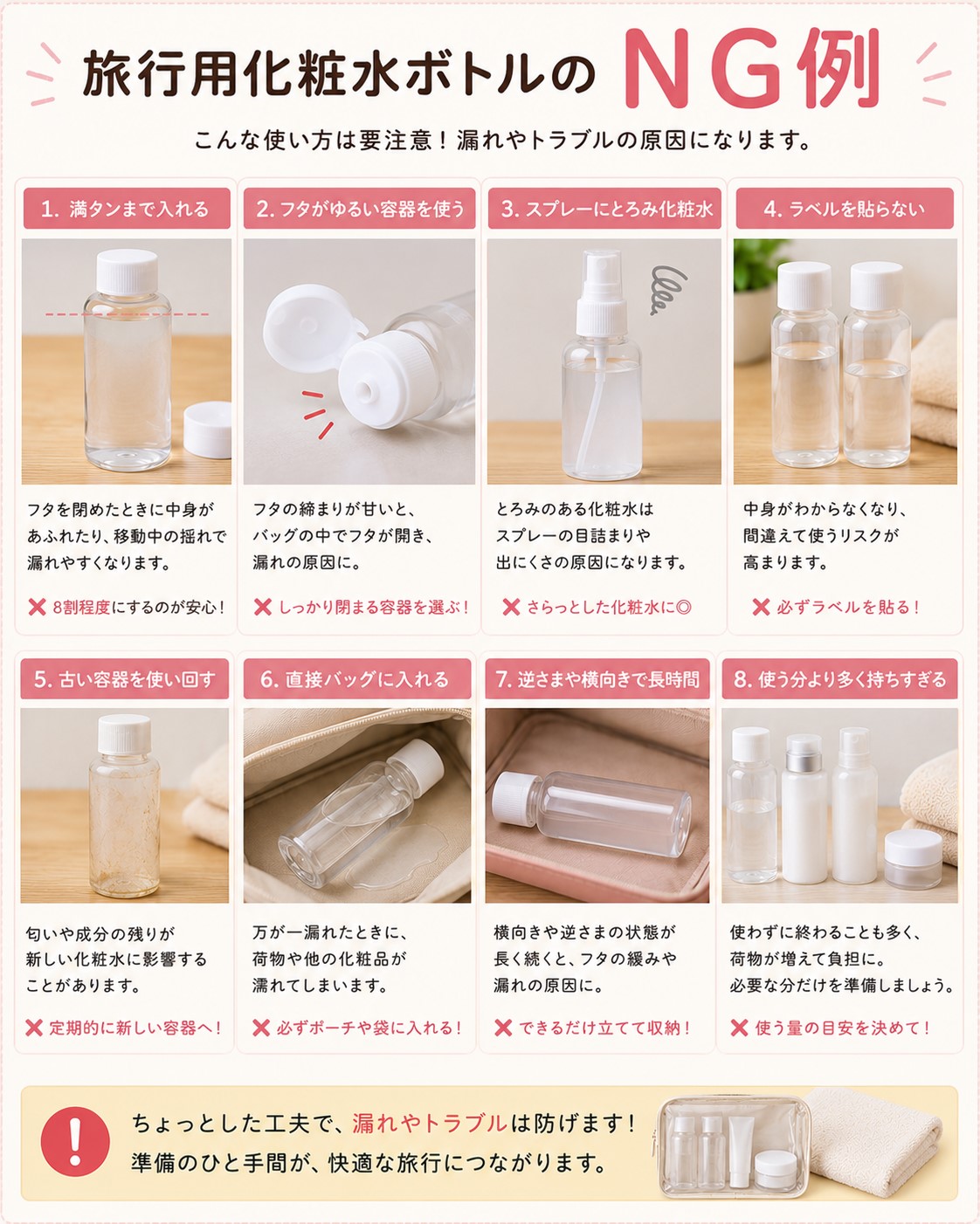旅行用化粧水ボトルのNG例