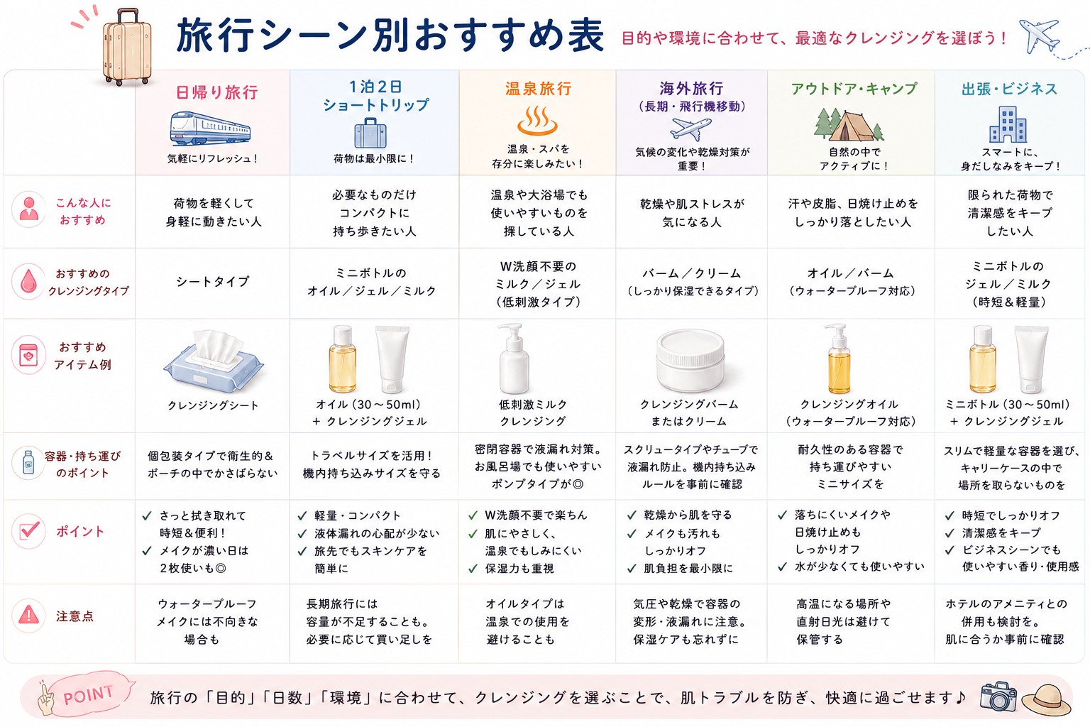 旅行シーン別おすすめ表