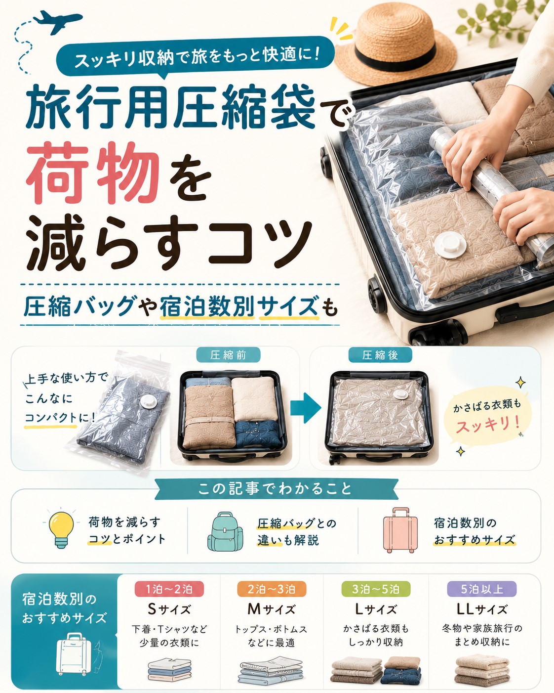 旅行用圧縮袋で荷物を減らすコツ｜​​圧縮バッグや宿泊数別サイズも