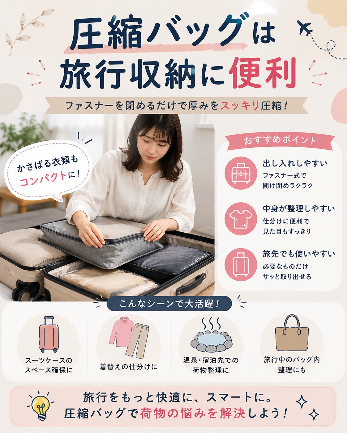 圧縮バッグは旅行収納に便利
