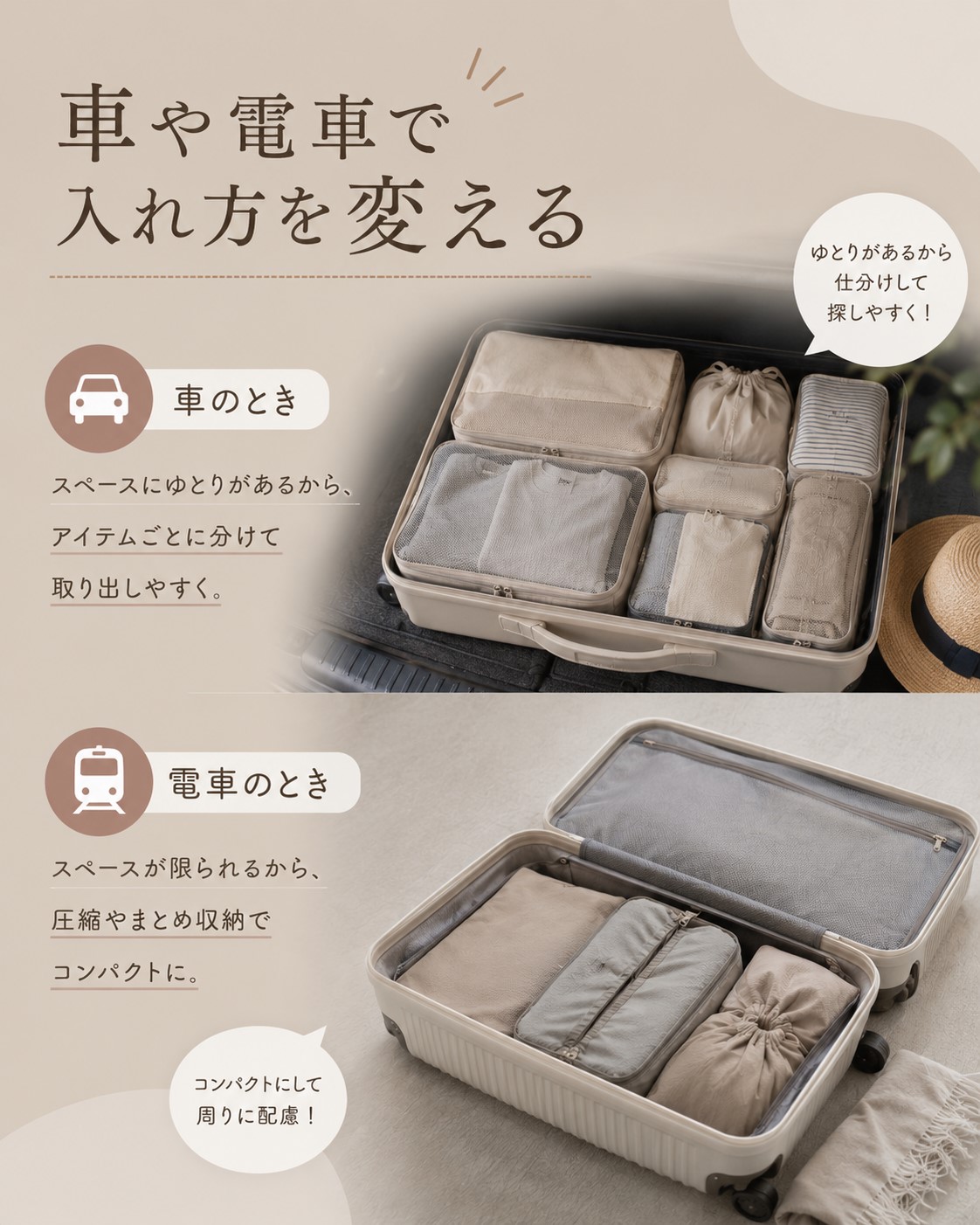 車や電車で入れ方を変える