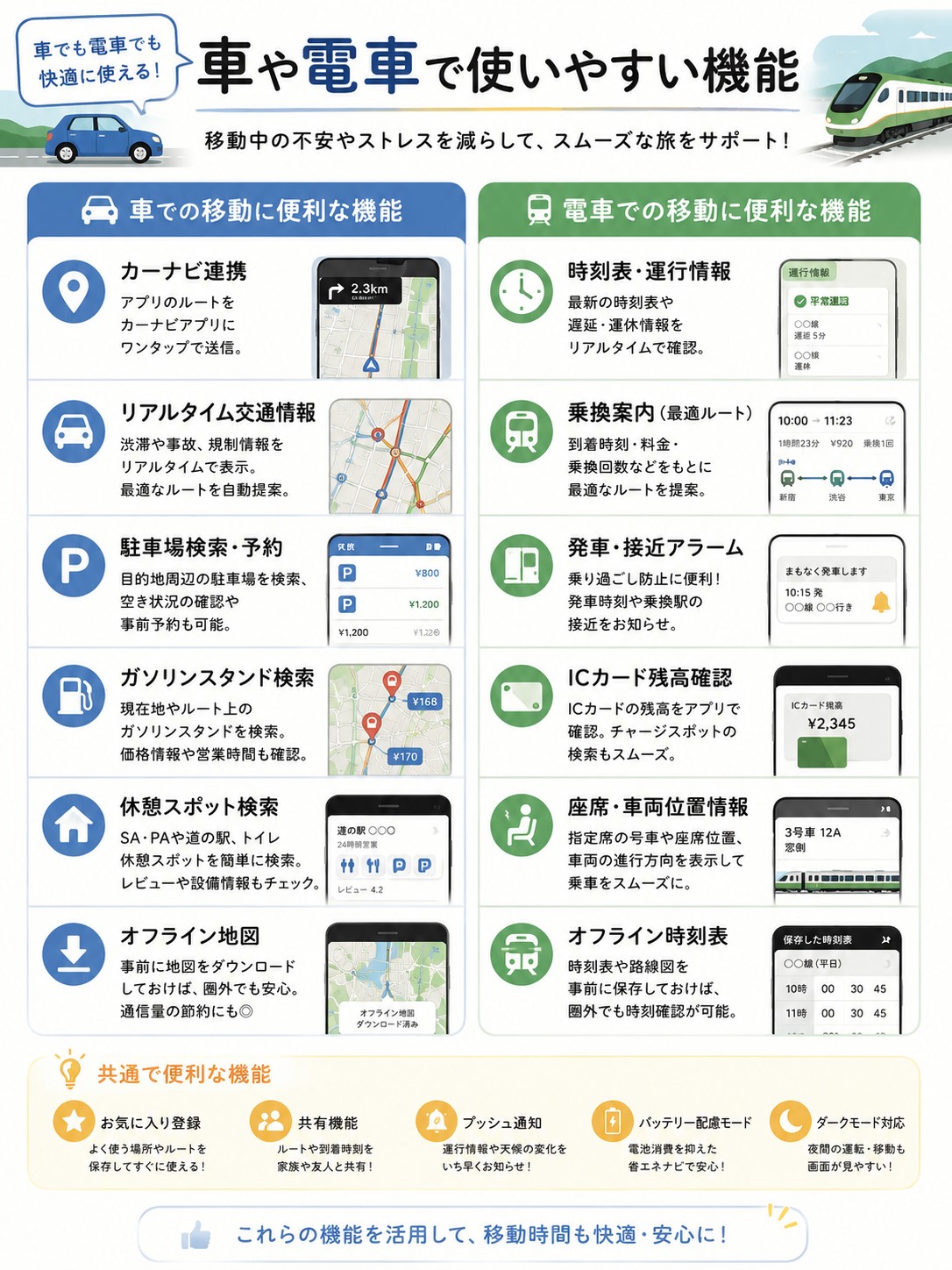 車や電車で使いやすい機能
