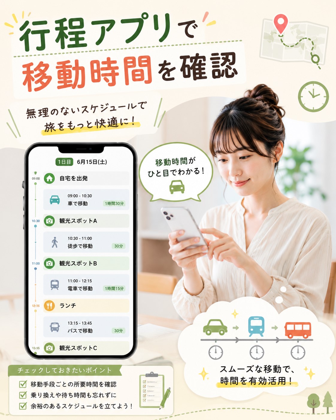 行程アプリで移動時間を確認