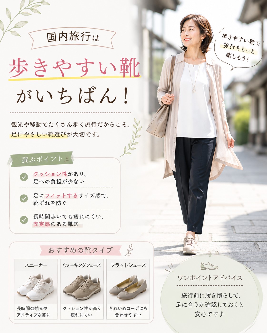 国内旅行は歩きやすい靴