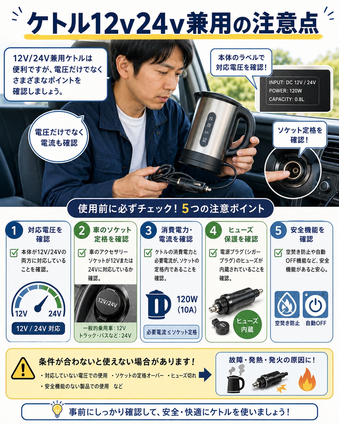 ケトル12V・24V兼用の注意点