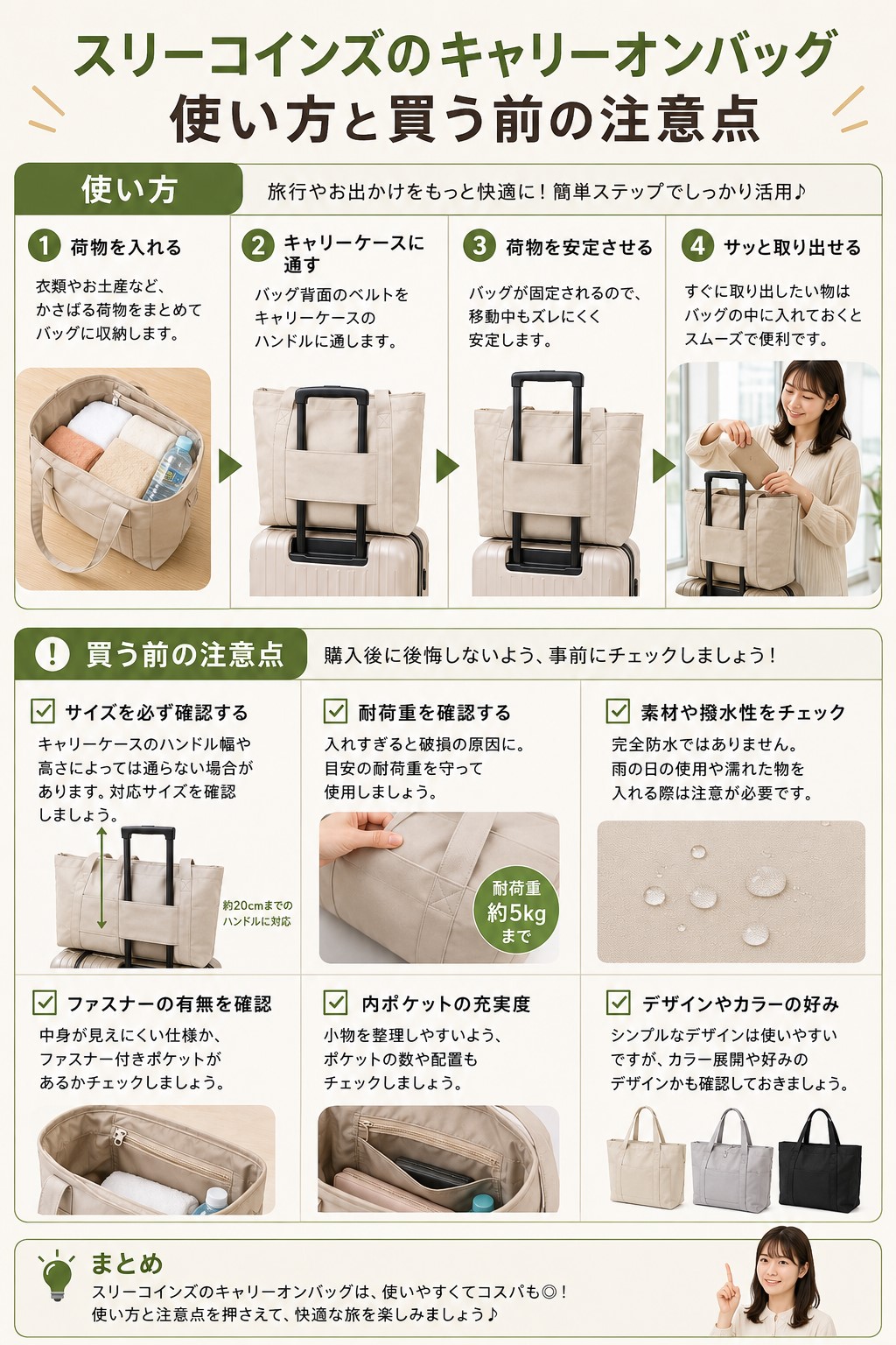 スリーコインズのキャリーオンバッグの使い方と買う前の注意点