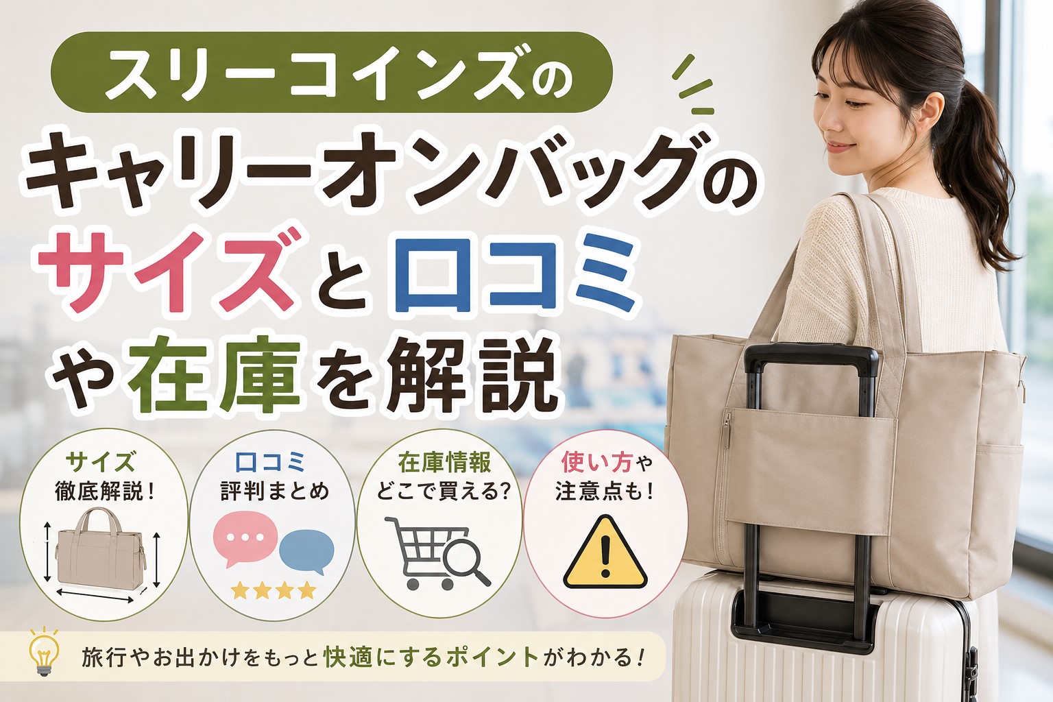 スリーコインズのキャリーオンバッグのサイズと口コミや在庫を解説