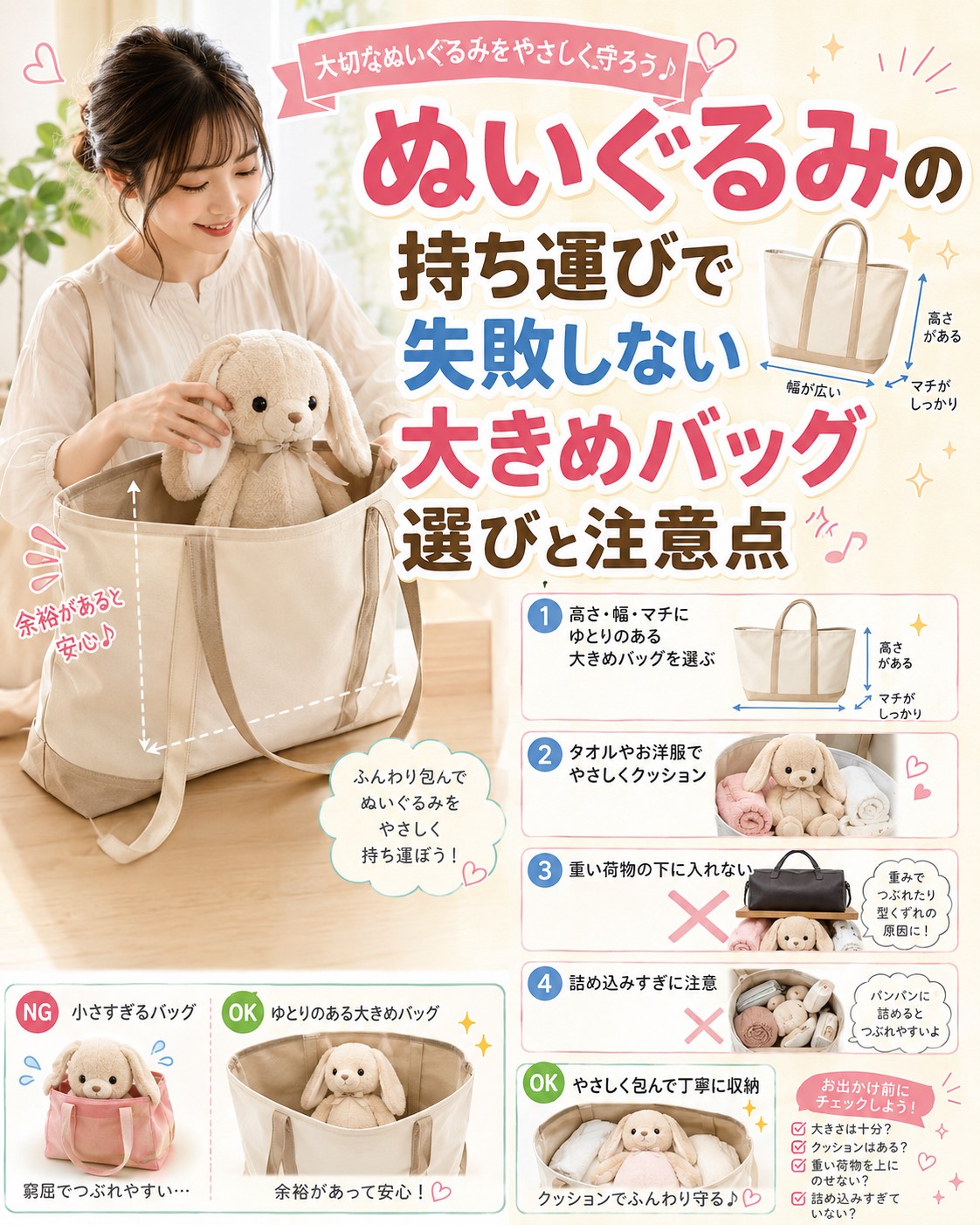 ぬいぐるみの持ち運びで失敗しない大きめバッグ選びと注意点