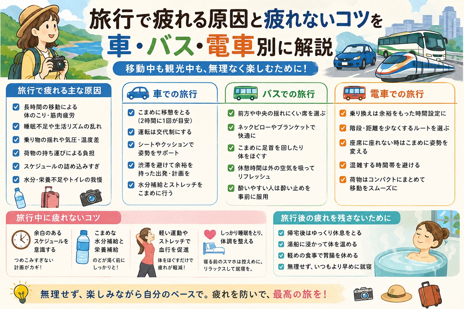 旅行で疲れる原因と疲れないコツを車・バス・電車別に解説