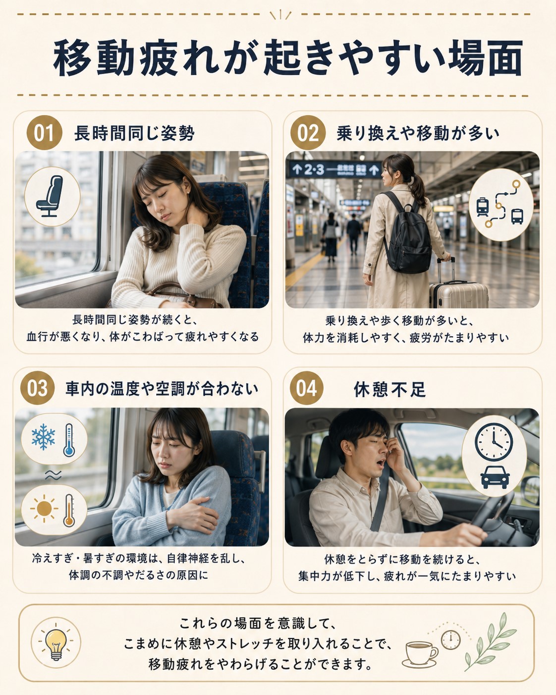 移動疲れが起きやすい場面