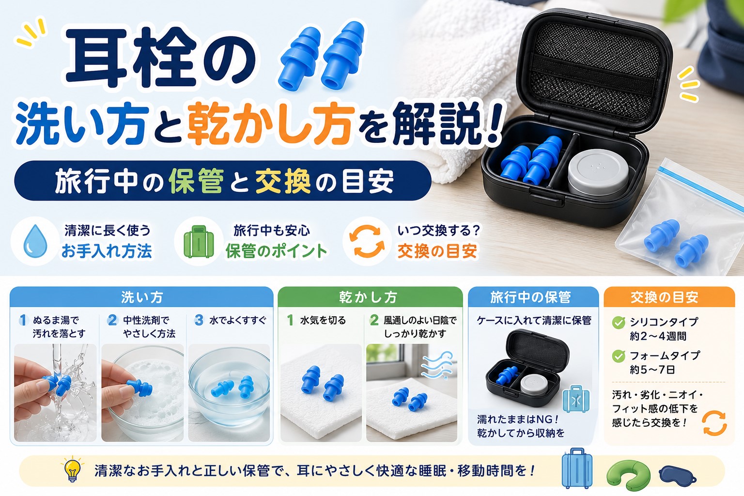 耳栓の洗い方と乾かし方を解説！旅行中の保管と交換の目安