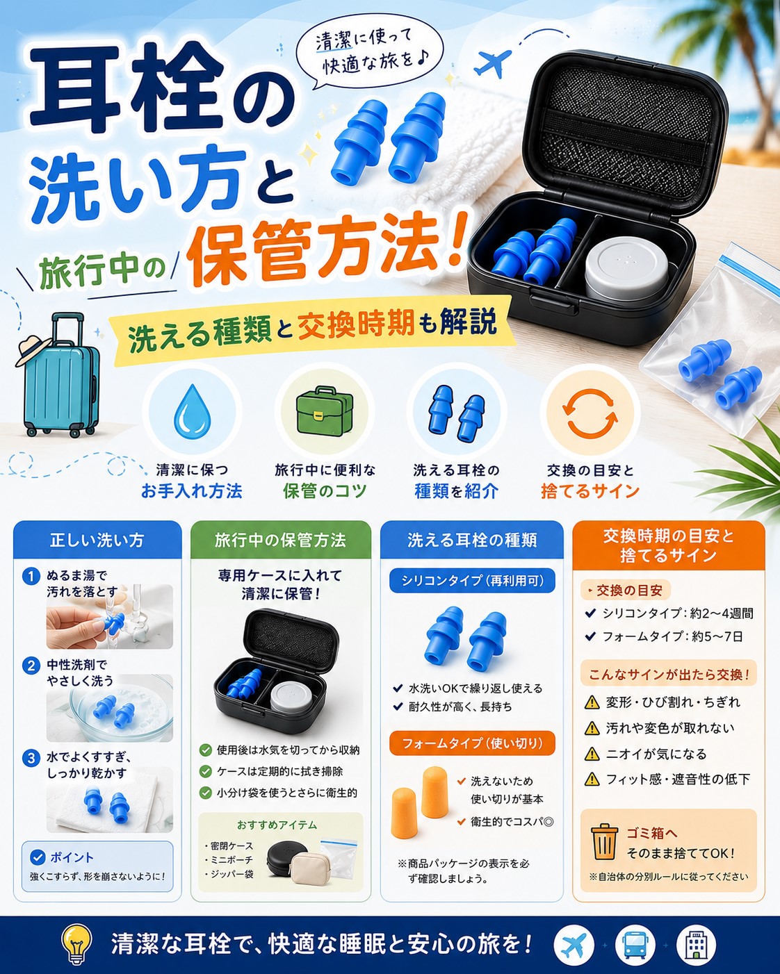 耳栓の洗い方と旅行中の保管方法!洗える種類と交換時期も解説