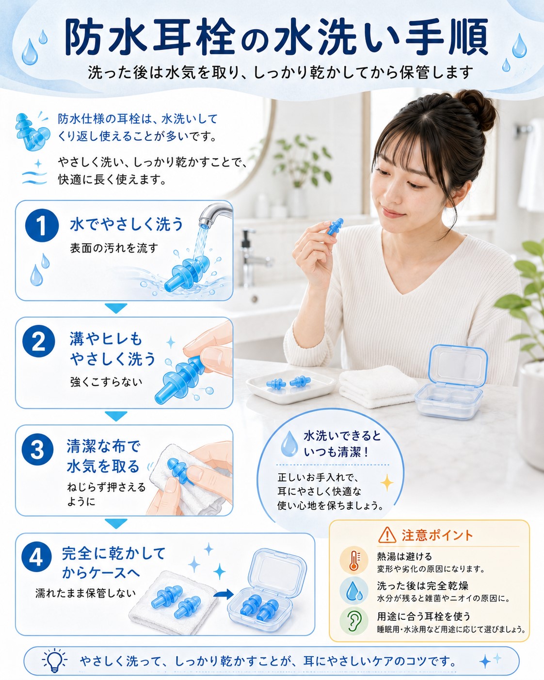 防水耳栓の水洗い手順
