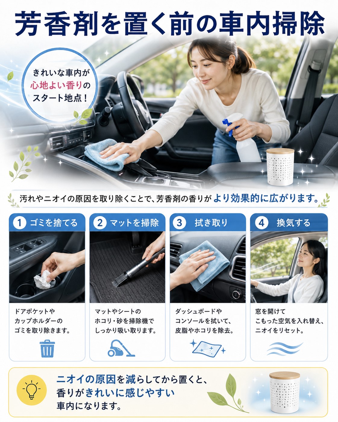 芳香剤を置く前の車内掃除
