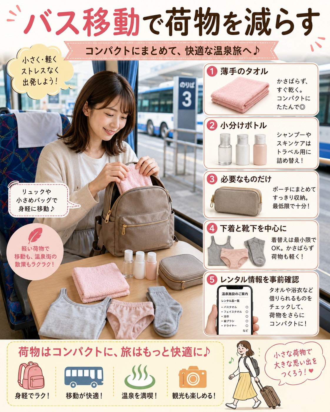 バス移動で荷物を減らす