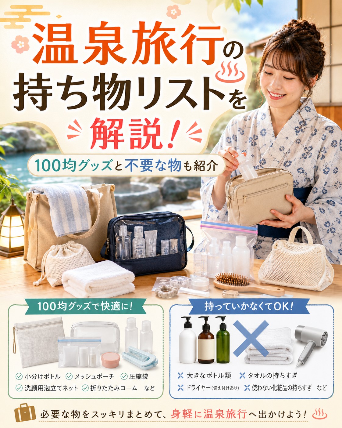温泉旅行の持ち物リストを解説!100均グッズと不要な物も紹介