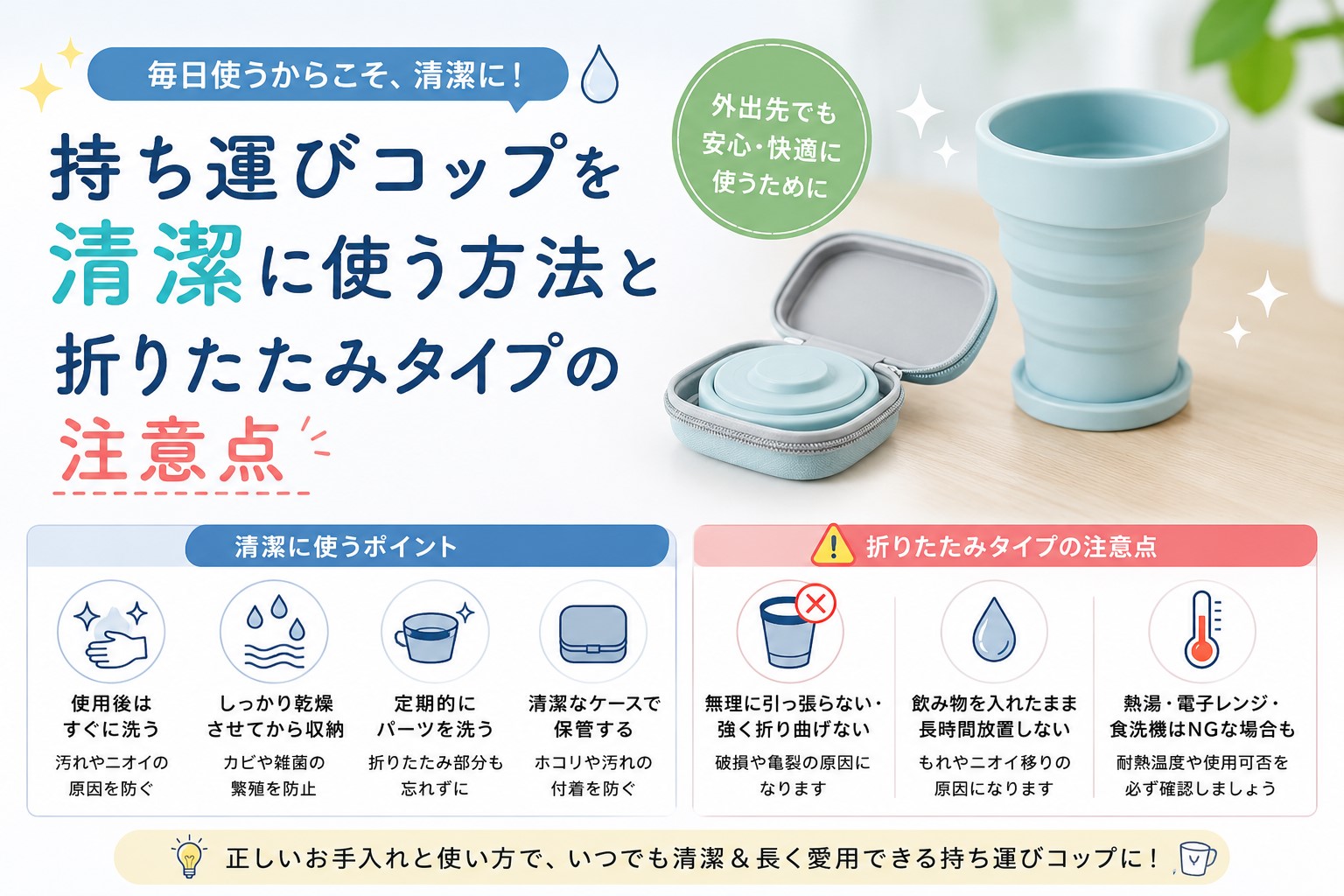 持ち運びコップを清潔に使う方法と折りたたみタイプの注意点