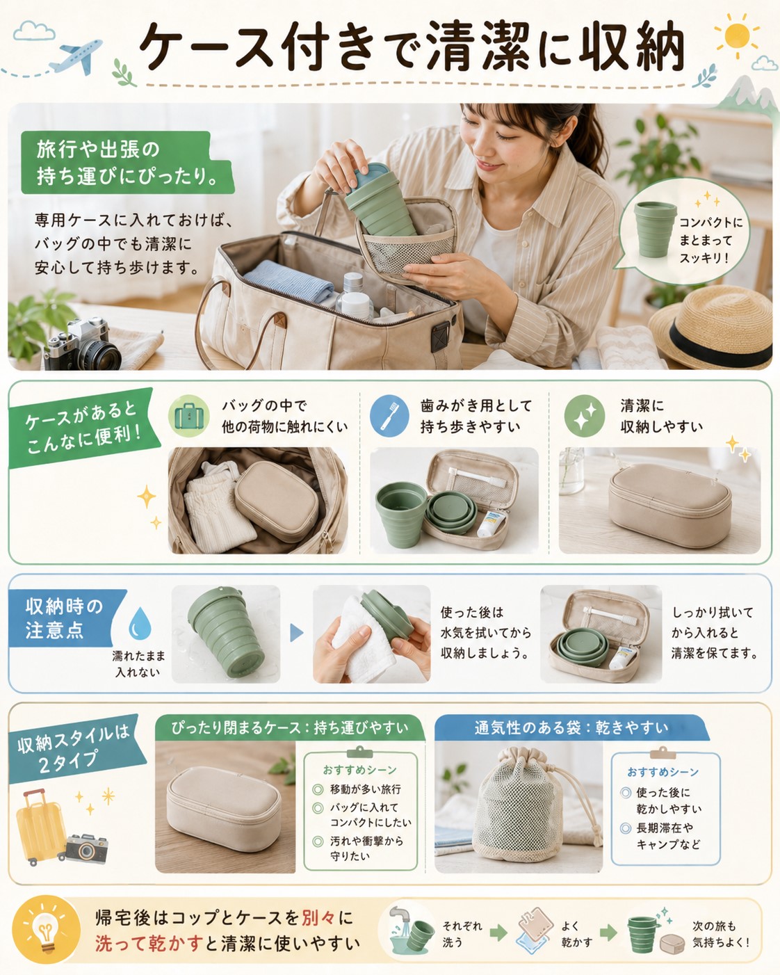 ケース付きで清潔に収納