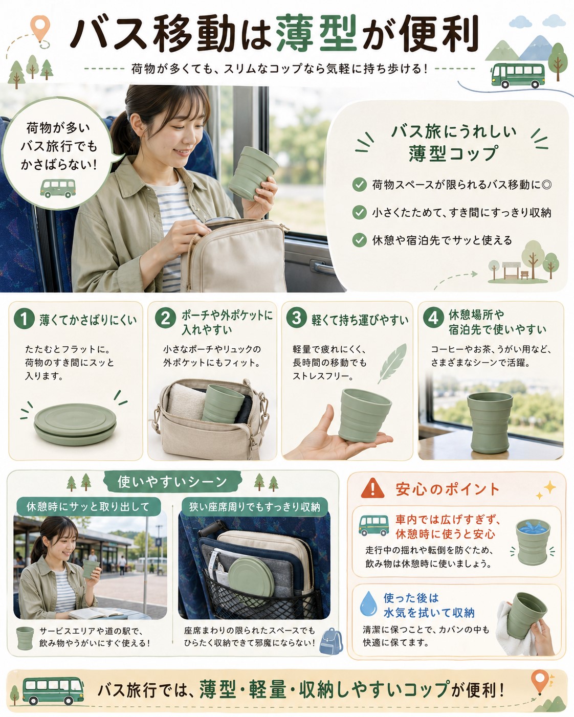 バス移動は薄型が便利