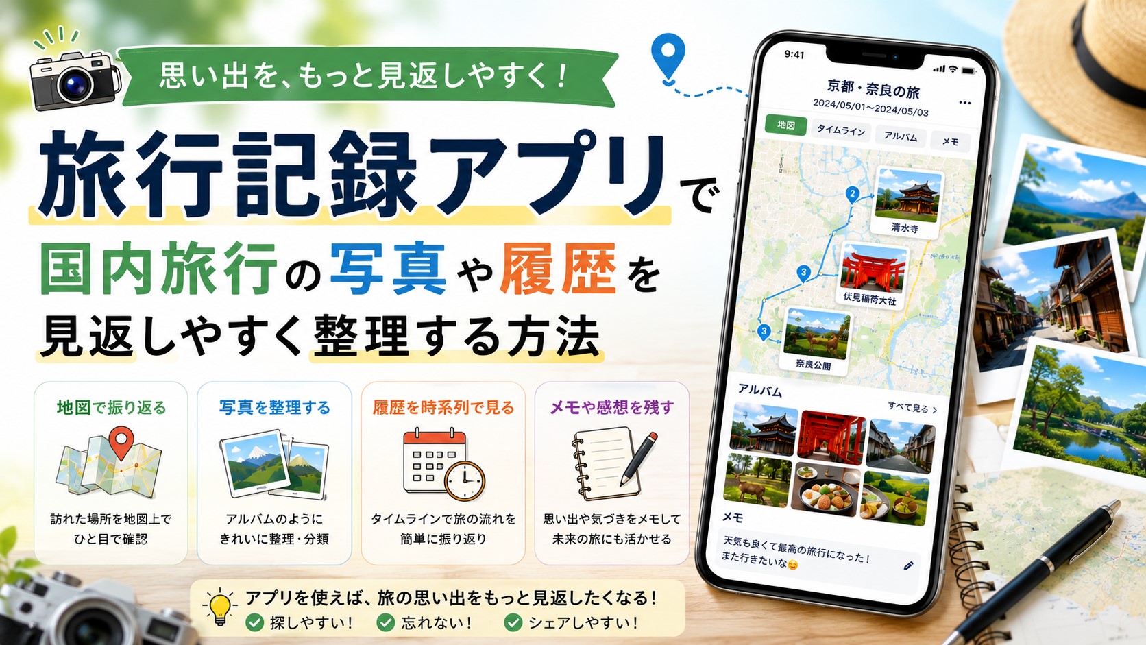 旅行記録アプリの選び方｜写真と地図で国内旅行を整理する方法