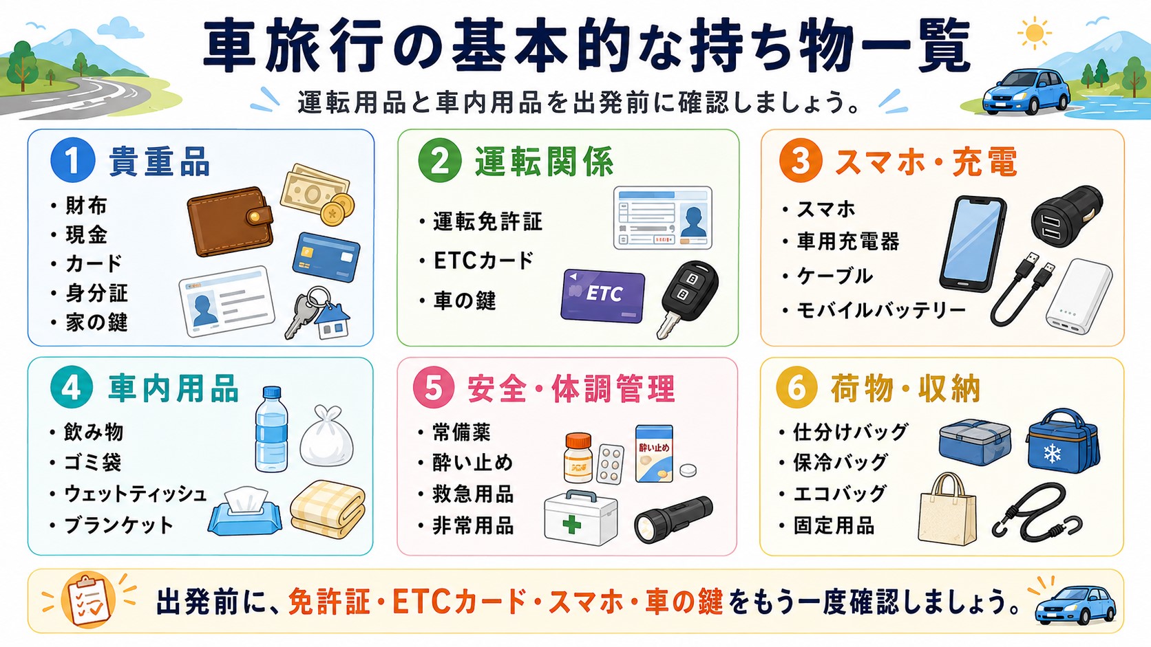 運転免許証やETCカード、スマホ、飲み物など車旅行の基本的な持ち物一覧